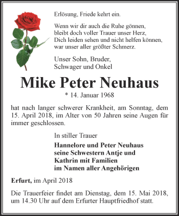 Traueranzeige von Mike Peter Neuhaus von Thüringer Allgemeine, Thüringische Landeszeitung