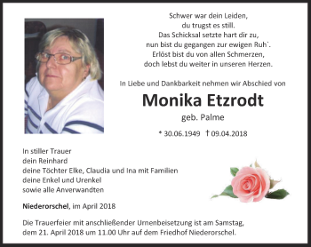 Traueranzeige von Monika Etzrodt von Thüringer Allgemeine