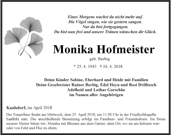 Traueranzeige von Monika Hofmeister von Ostthüringer Zeitung