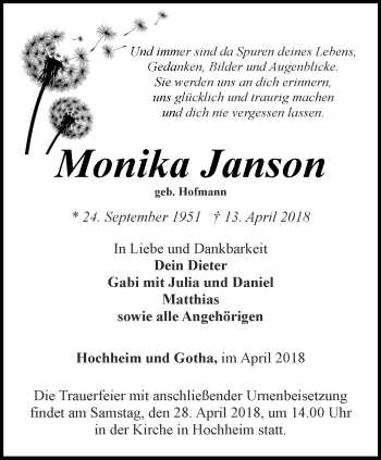 Traueranzeige von Monika Janson von Ostthüringer Zeitung, Thüringische Landeszeitung