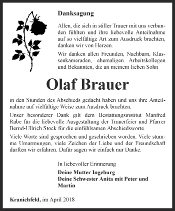 Traueranzeige von Olaf Brauer von Thüringer Allgemeine, Thüringische Landeszeitung