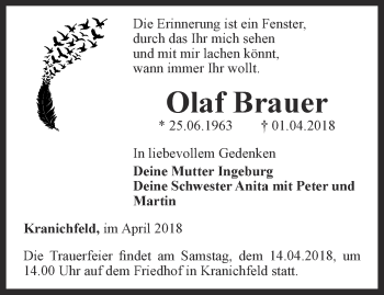 Traueranzeige von Olaf Brauer von Thüringer Allgemeine, Thüringische Landeszeitung