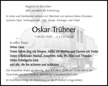 Traueranzeige von Oskar Trübnef von Ostthüringer Zeitung, Thüringische Landeszeitung