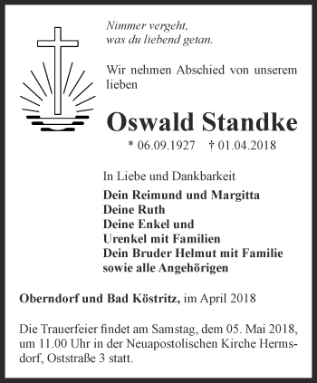 Traueranzeige von Oswald Standke von Ostthüringer Zeitung