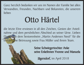 Traueranzeige von Otto Härtel von Ostthüringer Zeitung, Thüringische Landeszeitung