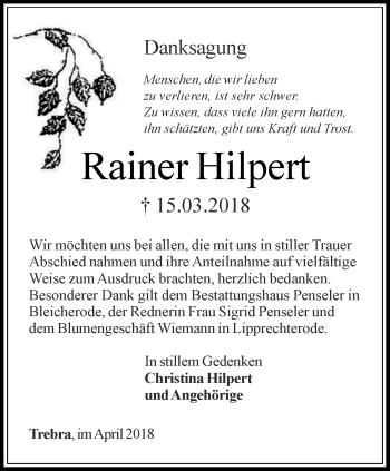 Traueranzeige von Rainer Hilpert von Thüringer Allgemeine