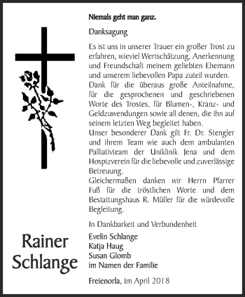 Traueranzeige von Rainer Schlange von Ostthüringer Zeitung, Thüringische Landeszeitung