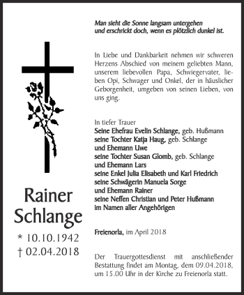 Traueranzeige von Rainer Schlange von Ostthüringer Zeitung, Thüringische Landeszeitung