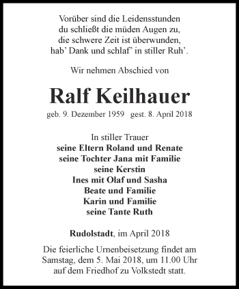 Traueranzeige von Ralf Keilhauer von Ostthüringer Zeitung