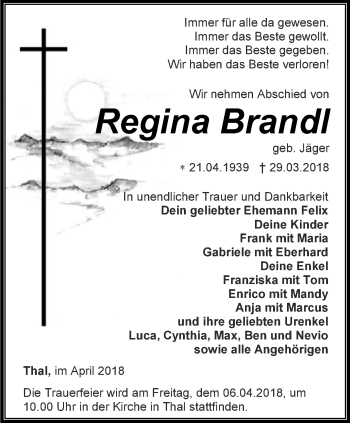 Traueranzeige von Regina Brandl von Thüringer Allgemeine, Thüringische Landeszeitung