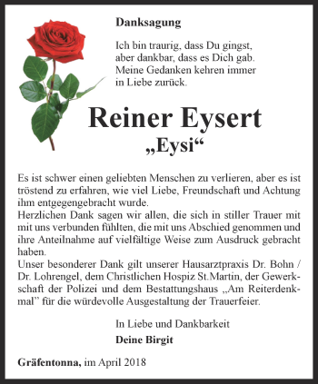 Traueranzeige von Reiner Eysert von Thüringer Allgemeine, Thüringische Landeszeitung