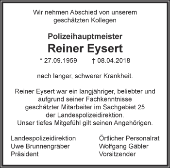 Traueranzeige von Reiner Eysert von Thüringer Allgemeine, Thüringische Landeszeitung