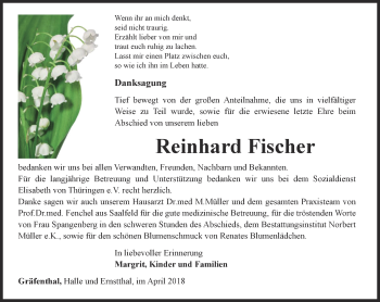 Traueranzeige von Reinhard Fischer von Ostthüringer Zeitung