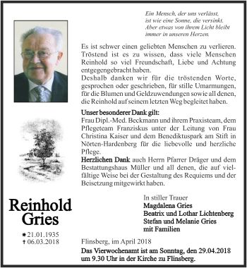 Traueranzeige von Reinhold Gries von Thüringer Allgemeine