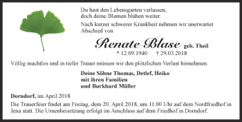 Traueranzeige von Renate Blase von Ostthüringer Zeitung, Thüringische Landeszeitung