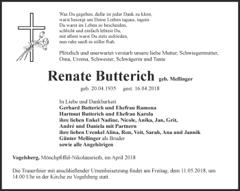 Traueranzeige von Renate Butteich von Thüringer Allgemeine