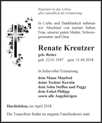 Traueranzeige von Renate Kreutzer von Thüringer Allgemeine