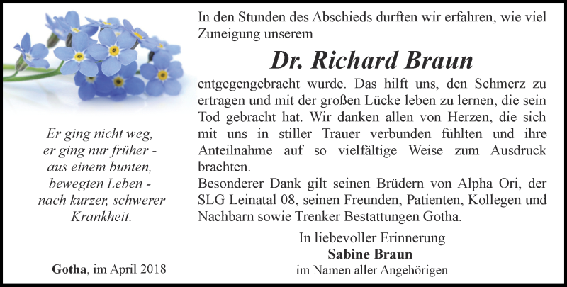  Traueranzeige für Richard Braun vom 07.04.2018 aus Ostthüringer Zeitung, Thüringische Landeszeitung