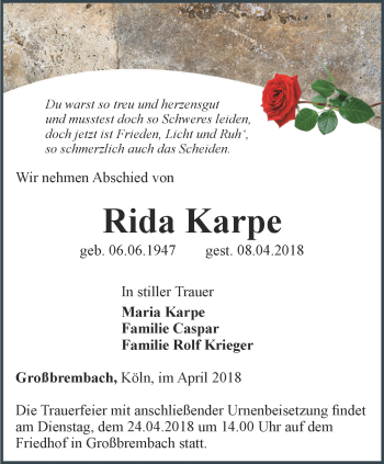 Traueranzeige von Rida Karpe von Thüringer Allgemeine