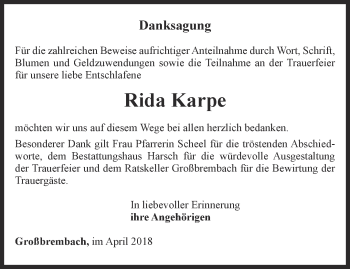 Traueranzeige von Rida Karpe von Thüringer Allgemeine