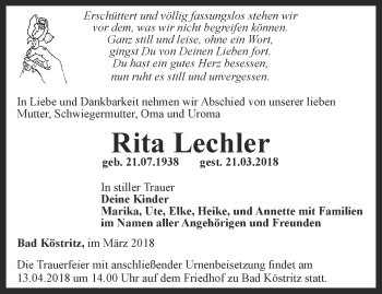 Traueranzeige von Rita Lechler von Ostthüringer Zeitung