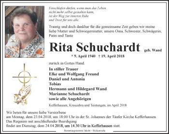 Traueranzeige von Rita Schuchardt von Thüringer Allgemeine