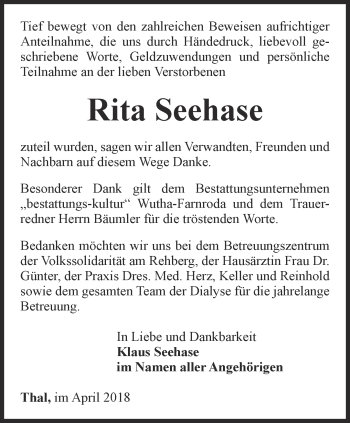 Traueranzeige von Rita Seehase von Thüringer Allgemeine, Thüringische Landeszeitung