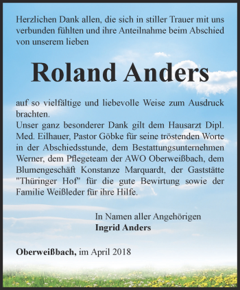 Traueranzeige von Roland Anders von Ostthüringer Zeitung