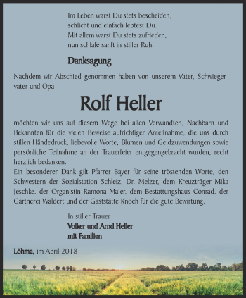 Traueranzeige von Rolf Heller von Ostthüringer Zeitung