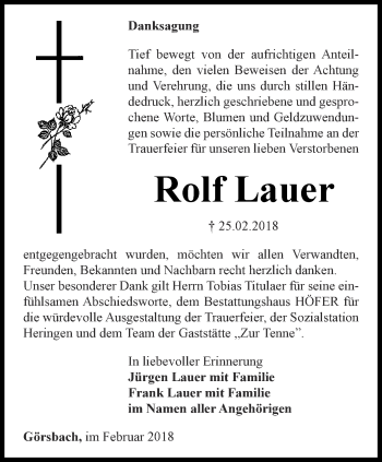 Traueranzeige von Rolf Lauer von Thüringer Allgemeine