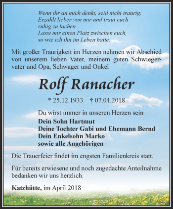 Traueranzeige von Rolf Ranacher von Ostthüringer Zeitung