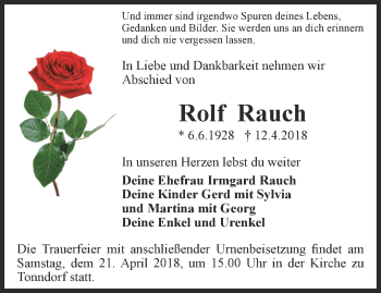 Traueranzeige von Rolf Rauch von Thüringer Allgemeine, Thüringische Landeszeitung