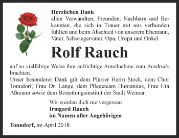 Traueranzeige von Rolf Rauch von Thüringer Allgemeine, Thüringische Landeszeitung