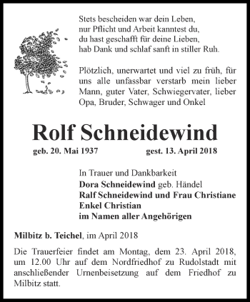 Traueranzeige von Rolf Schneidewind von Ostthüringer Zeitung