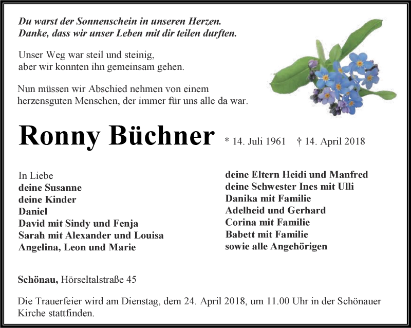  Traueranzeige für Ronny Büchner vom 19.04.2018 aus Thüringer Allgemeine, Thüringische Landeszeitung