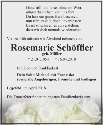 Traueranzeige von Rosemarie Schöffler von Thüringer Allgemeine, Thüringische Landeszeitung