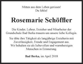 Traueranzeige von Rosemarie Schöffler von Thüringer Allgemeine, Thüringische Landeszeitung