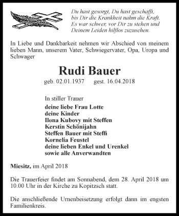 Traueranzeige von Rudi Bauer