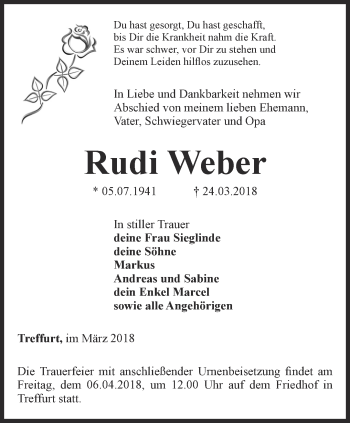 Traueranzeige von Rudi Weber von Thüringer Allgemeine, Thüringische Landeszeitung