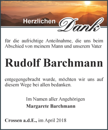 Traueranzeige von Rudolf Barchmann von Ostthüringer Zeitung