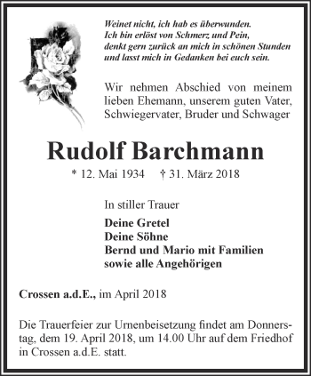 Traueranzeige von Rudolf Barchmann von Ostthüringer Zeitung