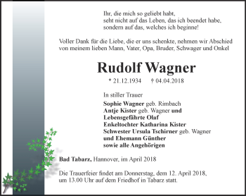 Traueranzeige von Rudolf Wagner von Ostthüringer Zeitung, Thüringische Landeszeitung