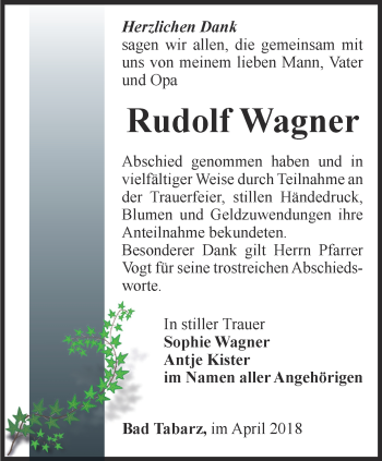 Traueranzeige von Rudolf Wagner von Ostthüringer Zeitung, Thüringische Landeszeitung