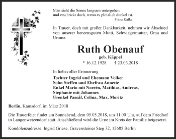 Traueranzeige von Ruth Obenauf von Ostthüringer Zeitung