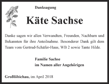 Traueranzeige von Sachse Käte von Ostthüringer Zeitung, Thüringische Landeszeitung