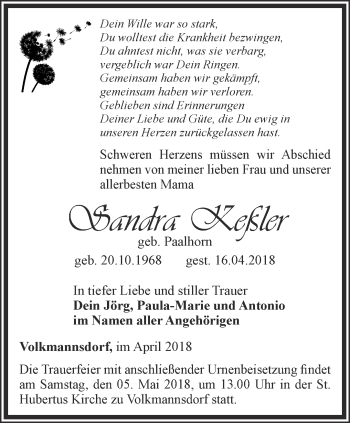 Traueranzeige von Sandra Keßler von Ostthüringer Zeitung