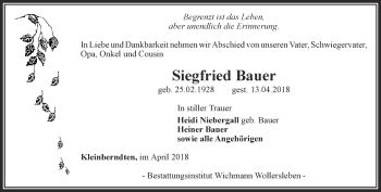 Traueranzeige von Siegfried Bauer von Thüringer Allgemeine