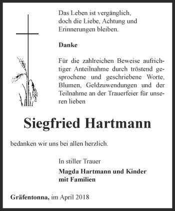 Traueranzeige von Siegfried Hartmann von Thüringer Allgemeine, Thüringische Landeszeitung