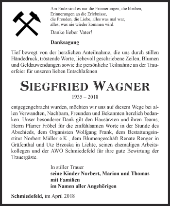 Traueranzeige von Siegfried Wagner von Ostthüringer Zeitung