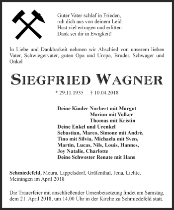 Traueranzeige von Siegfried Wagner von Ostthüringer Zeitung